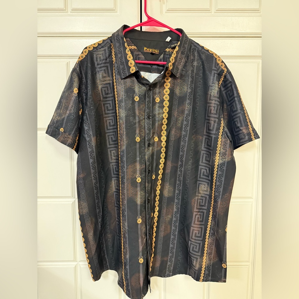 Perry Ellis Black and Gold Patterned Shirt
